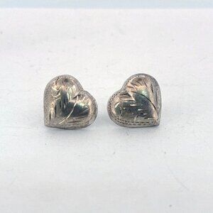 Vintage Estate Sterling Silver 925 Heart Engraved Stud Earrings 4.1g EZ Backs